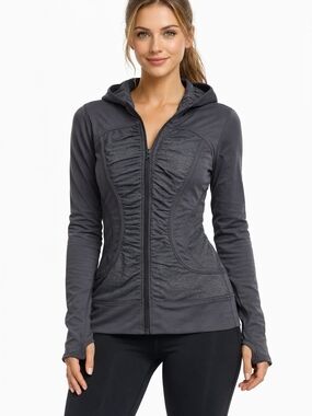 Lululemon Gray Ruched Zip Hoodie Jacket Size 4 | Fitted Athletic Zip-Up
